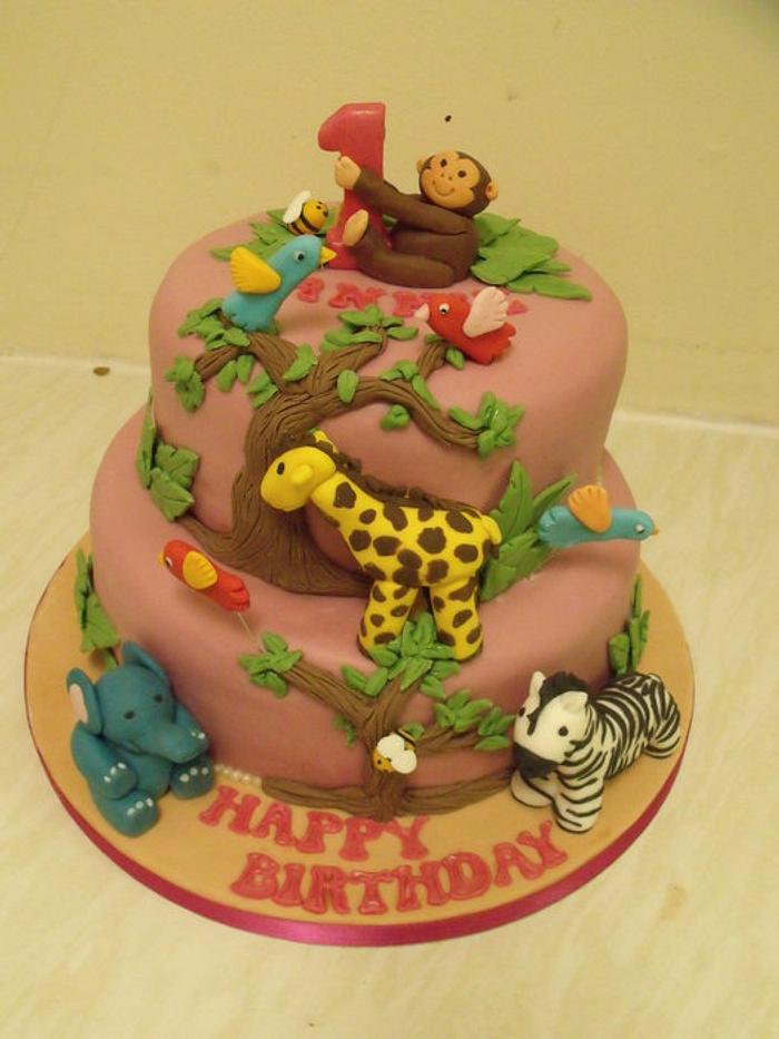 1st birthday girls animal cake 