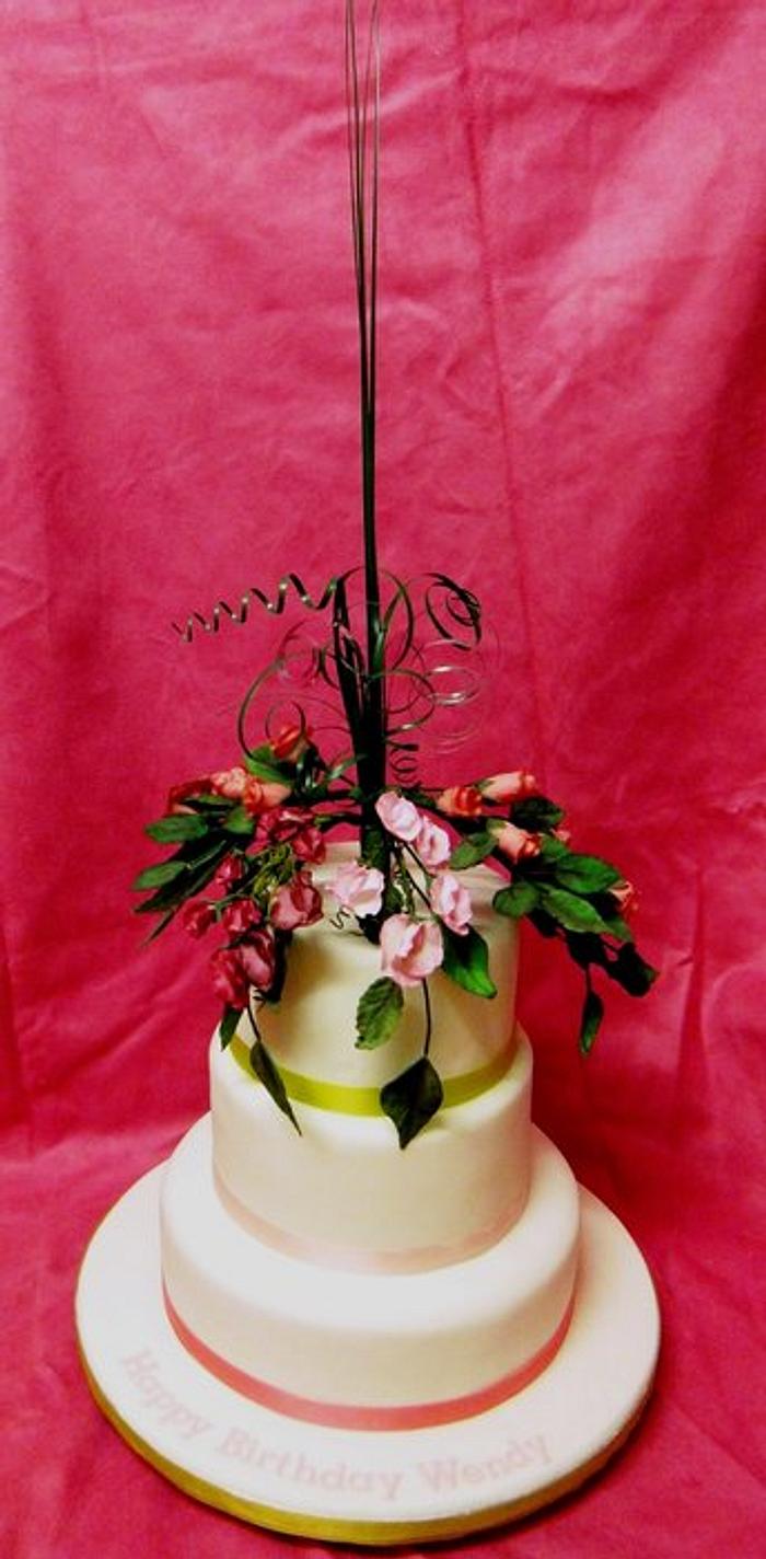 Mum's 70th Birthday Cake with Sugarcraft Flowers (Roses & Sweetpeas)