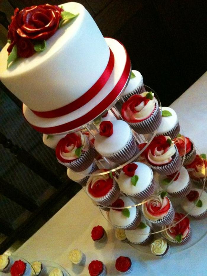 Red Velvet wedding cake and cupcake tower