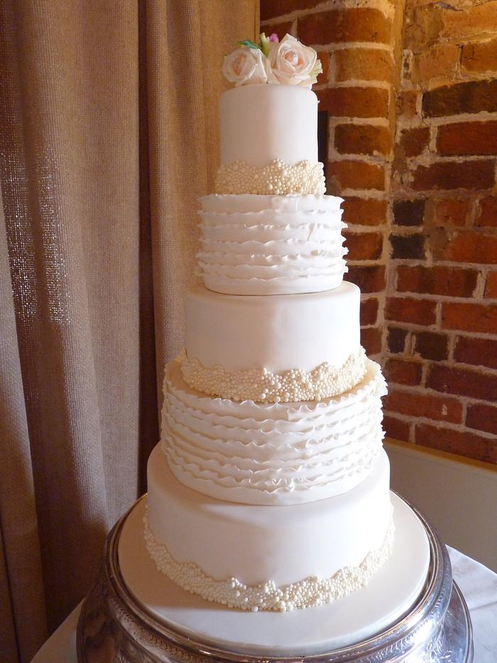 Ivory Pearl and Textured Ruffle Wedding Cake