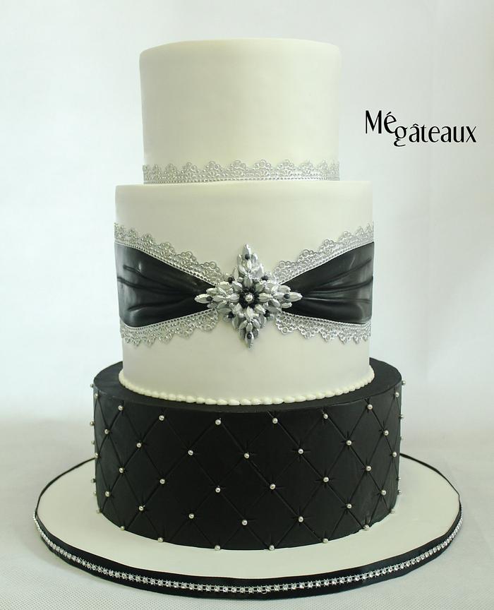 Chic black, white and silver wedding cake