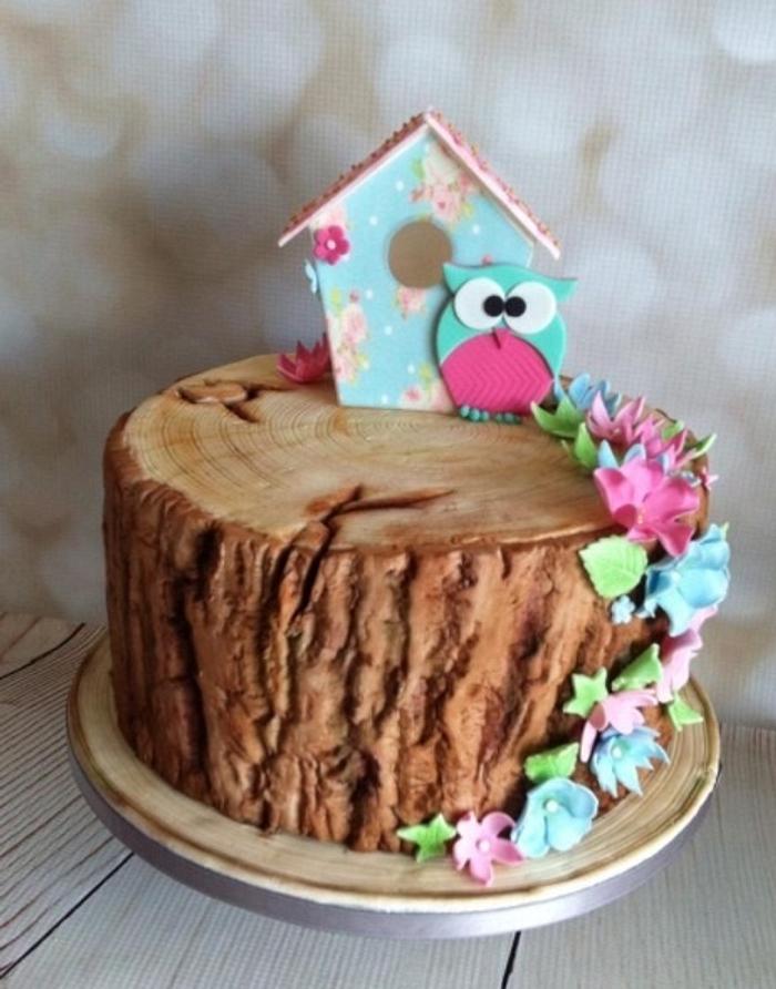 Tree Stump Bird House Cake