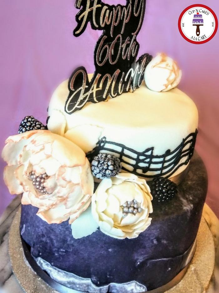 Rose Gold Peonies and Musical Notes birthday cake