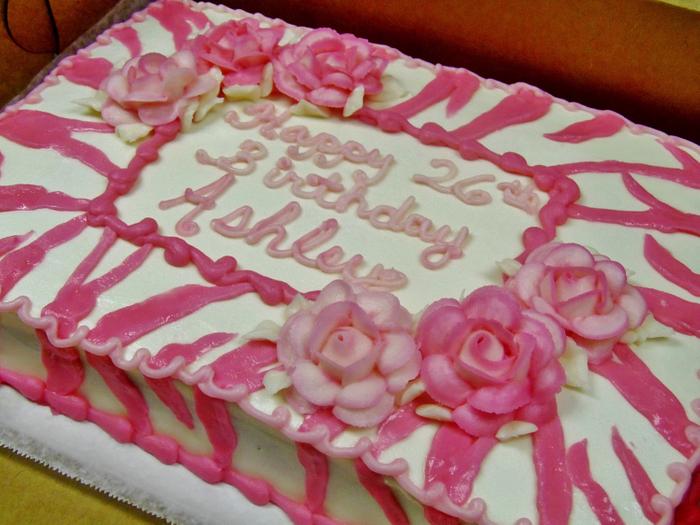 Pink zebra print and roses birthday cake