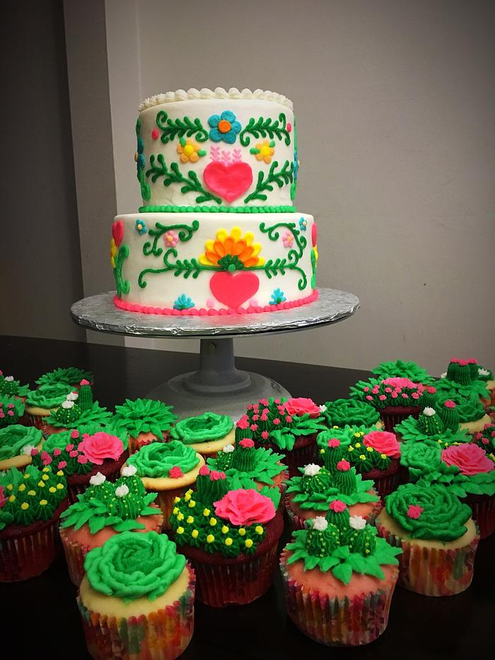 Fiesta themed cake w/ succulent cupcakes