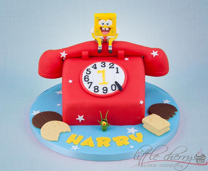 Spongebob on a red telephone