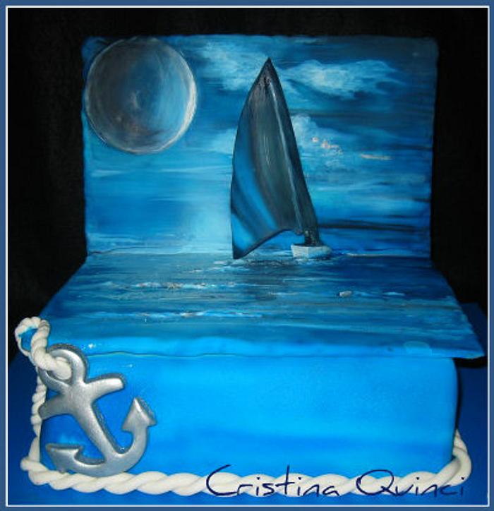 Cake sea, sailing boat, blue