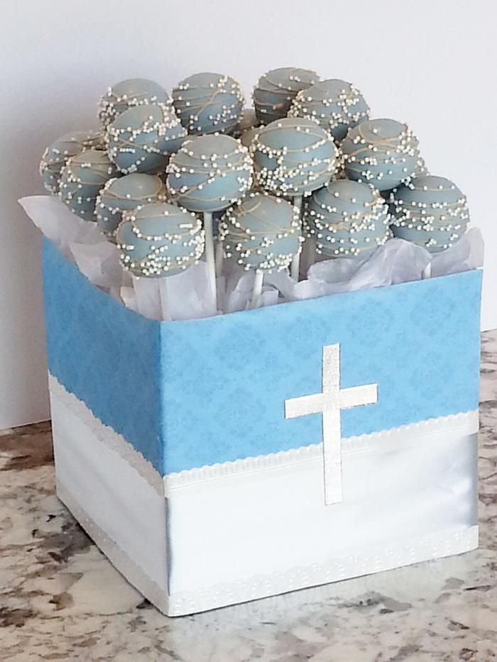 Light blue, tan and white Cake pops