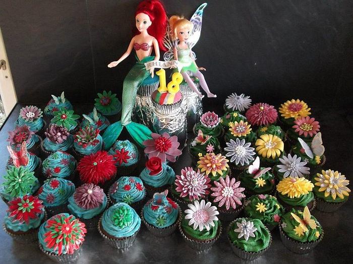 my first real cupcakes - Ariel & Tinkerbell inspired garden flower cupcakes