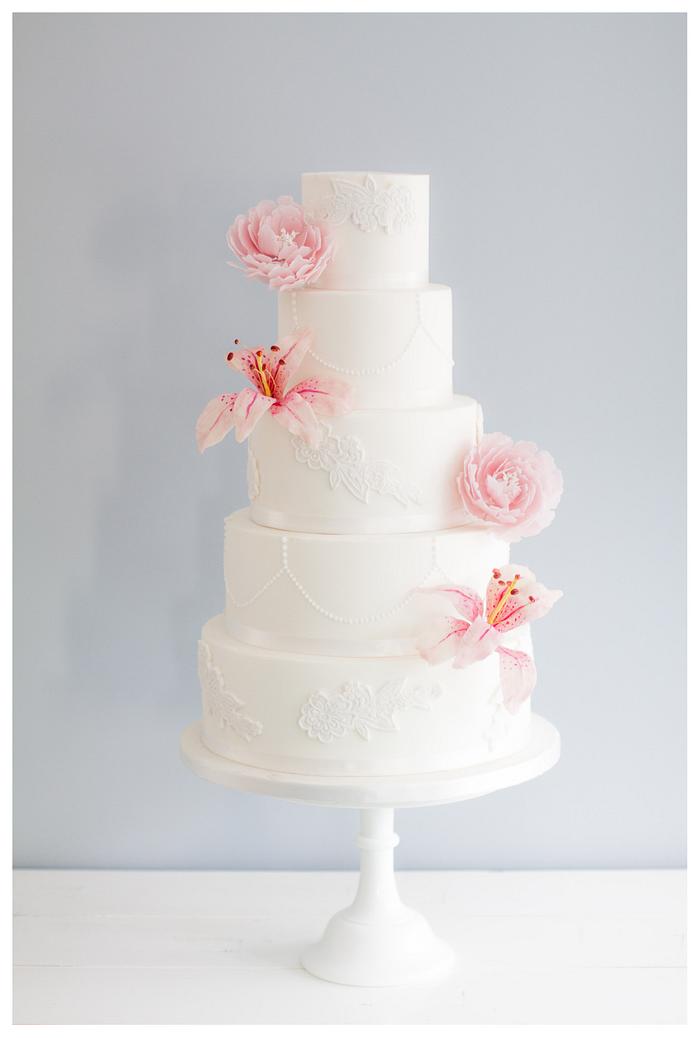 Romantic lilies and peonies wedding cake
