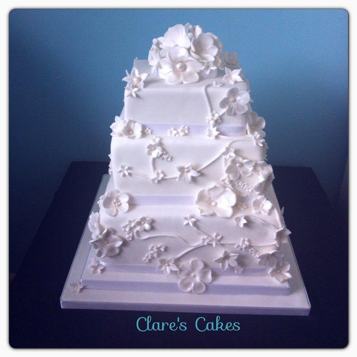 All White 3 tier square Wedding Cake