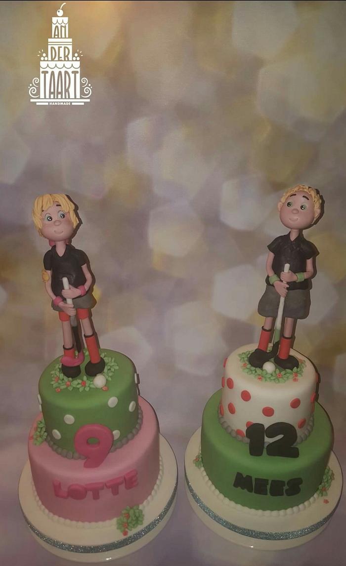 Brother and sister hockey cakes