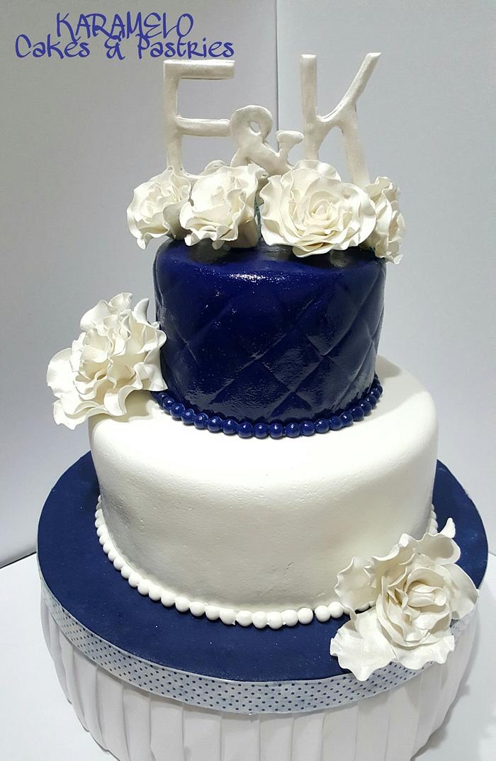 Navy blue and white wedding cake