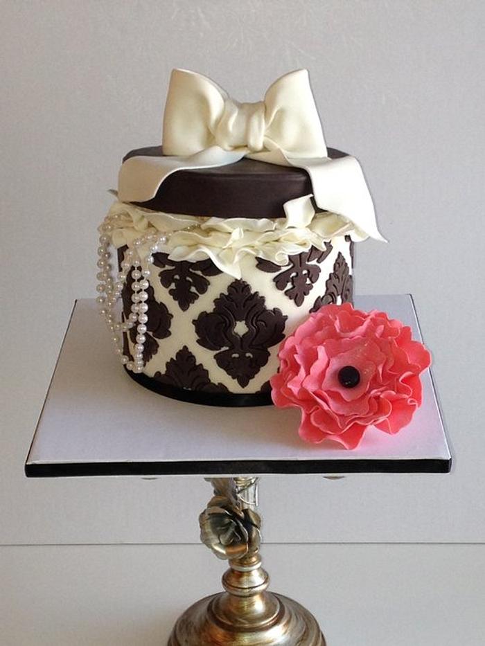 Damask round gift box cake with flower and  pearls!