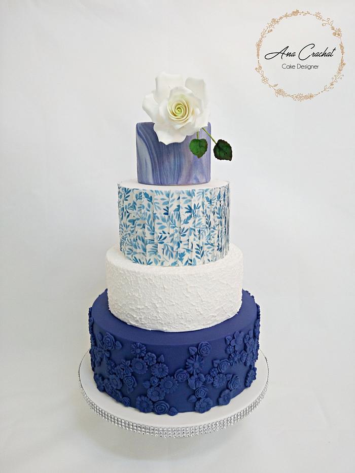 White and Blue Wedding Cake