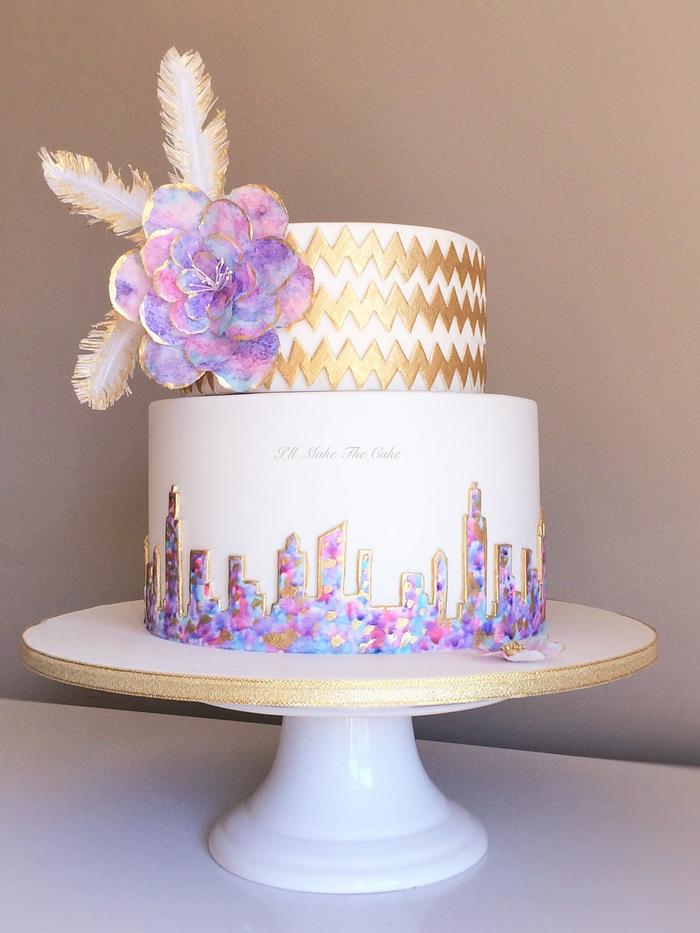Watercolour wafer paper skyline and chevron cake! 