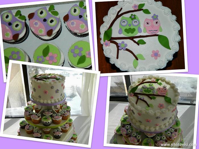 Owl themed baby shower cake/cupcakes.