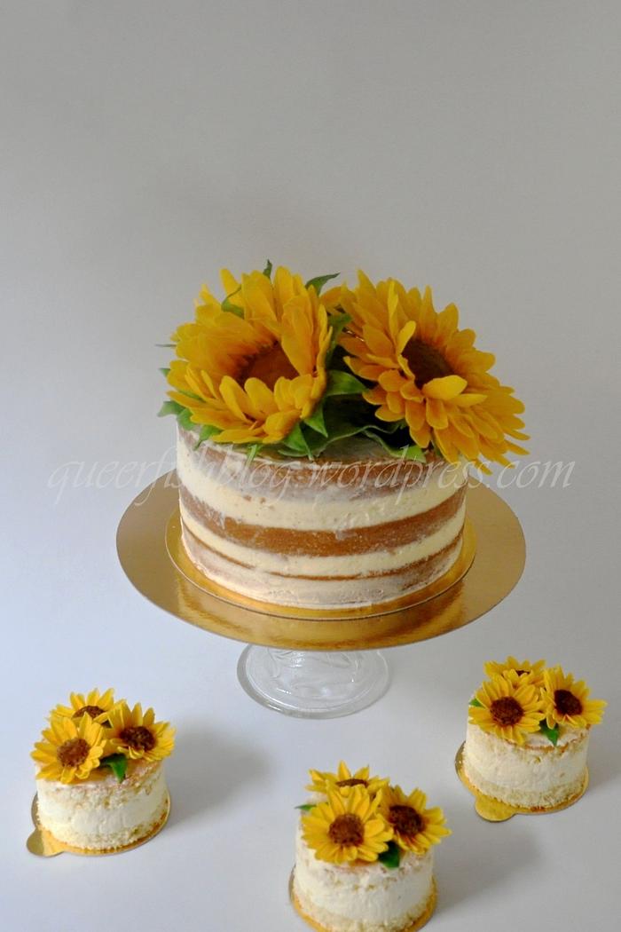 Naked Sunflower Wedding Cake and Mini Cakes
