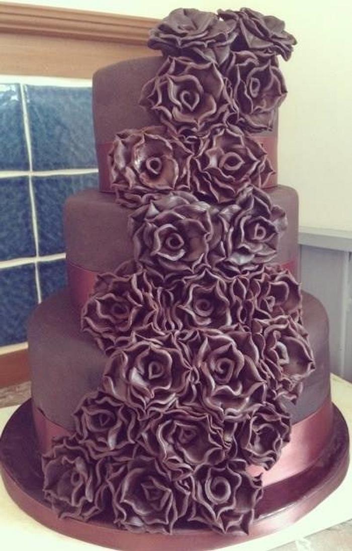 Chocolate Rose Cascade Wedding Cake
