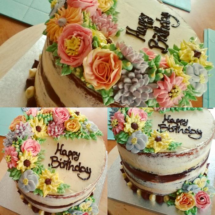 Semi naked buttercream flowers birthday cake