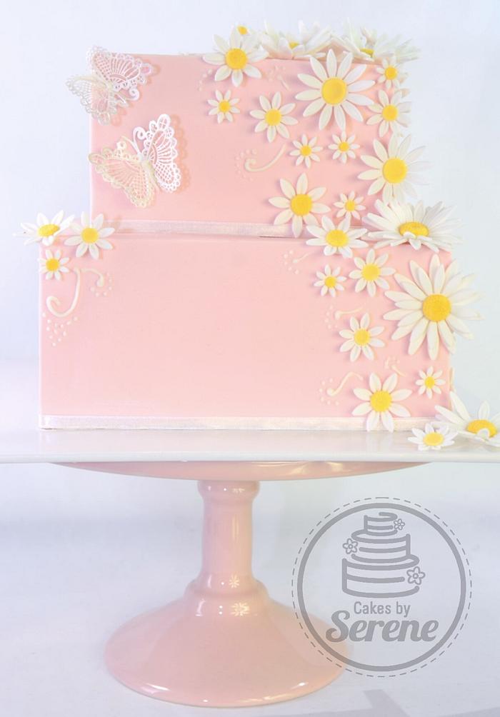 Sweet Pink Daisies Wedding Cake