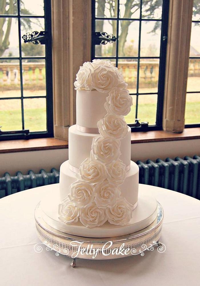 White Rose Cascade Wedding Caek