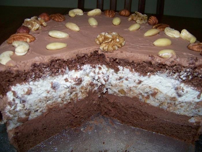 Chocolate cake with nuts.