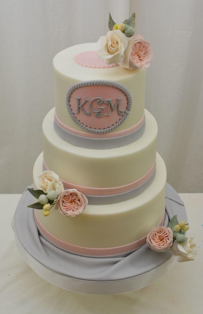 Pink and Grey Cake with Modern Bouquets