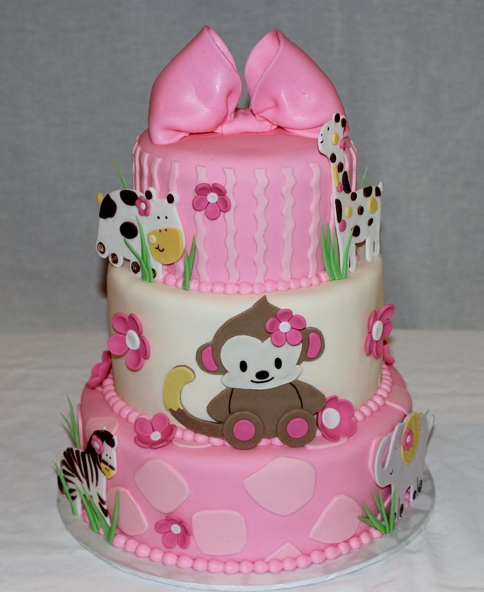 Pink Jungle Animals Baby Shower Cake