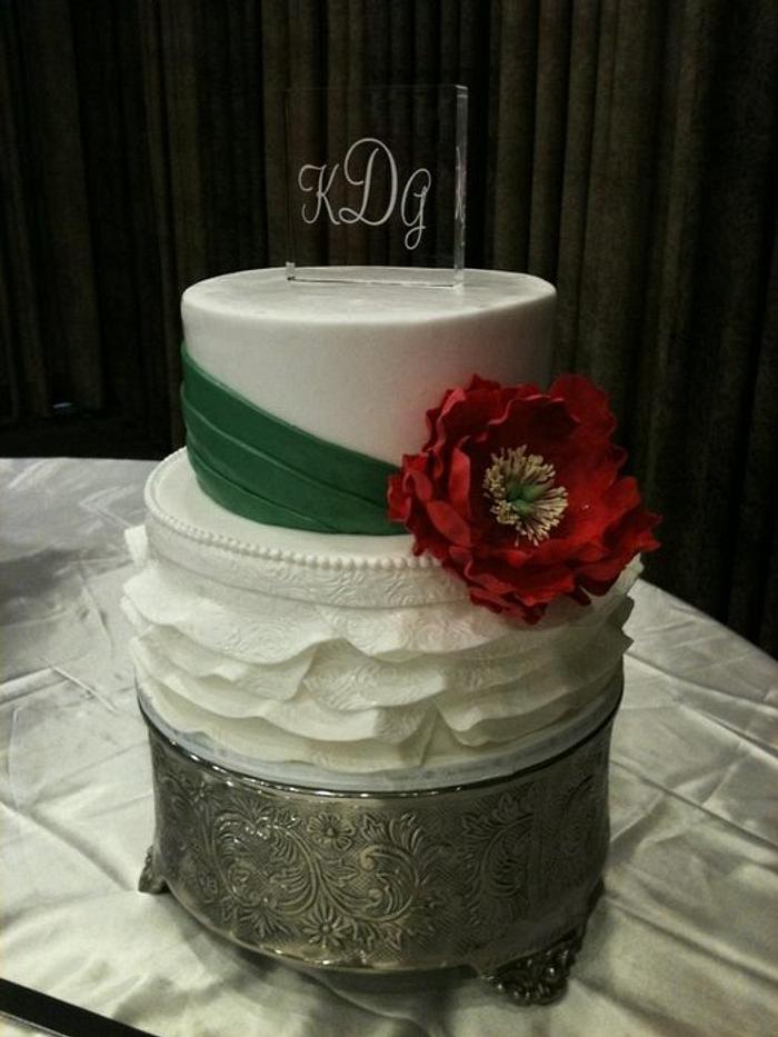 Sugar peony & fondant ruffles, artwork & sugar veil bow on back of cake