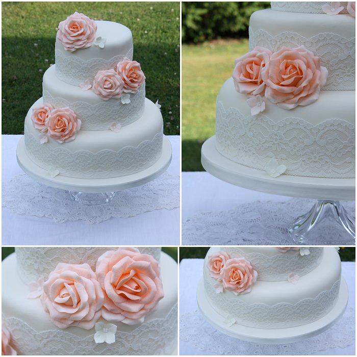 Coral Roses Vintage Wedding Cake