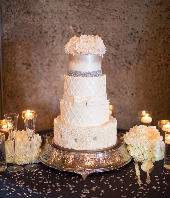 White and Silver Wedding Cake