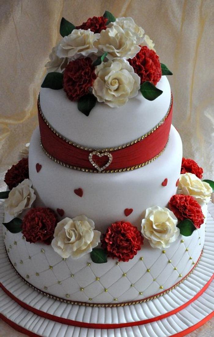 carnation and roses wedding cake