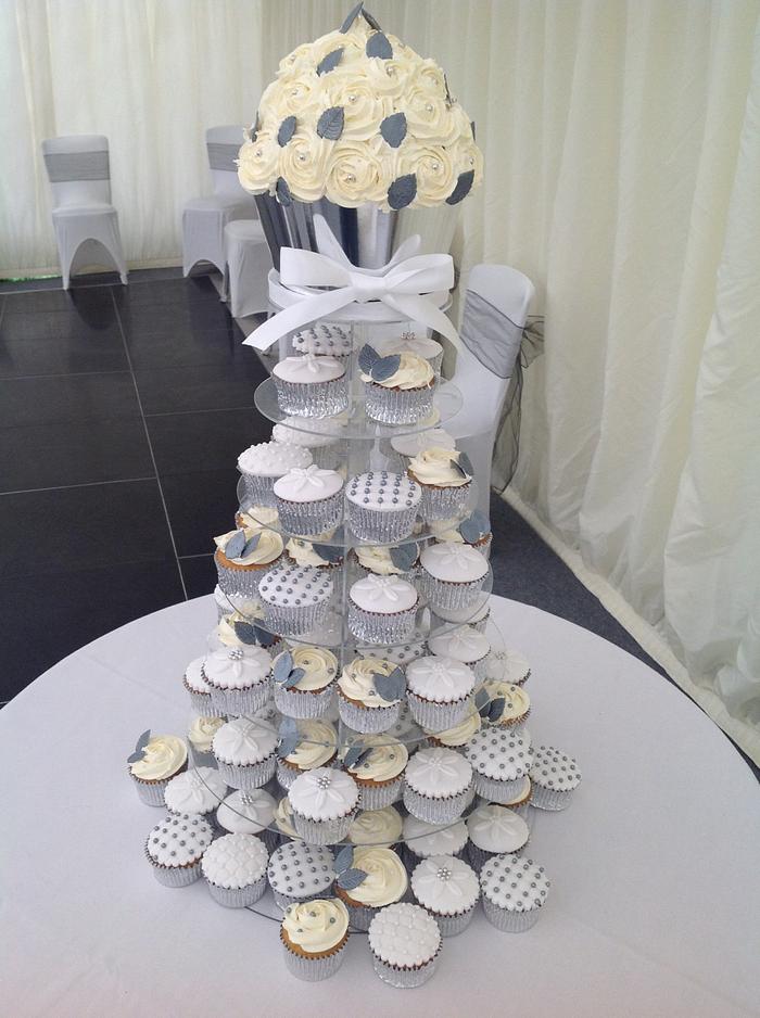 Silver and white cupcake tower