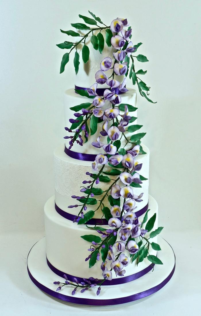 Wisteria and lace wedding cake