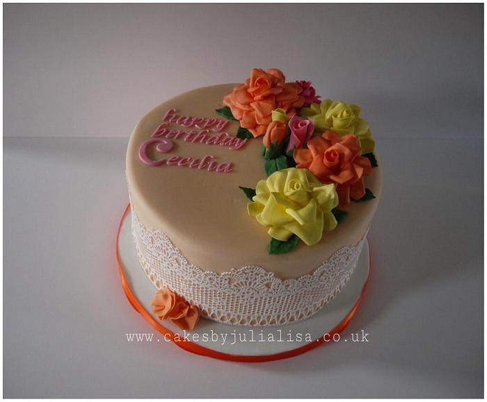 Roses & lace birthday cake