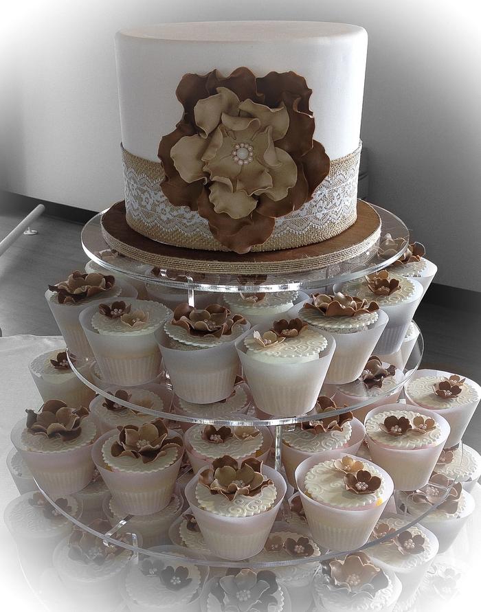 Burlap wedding cake and cupcakes