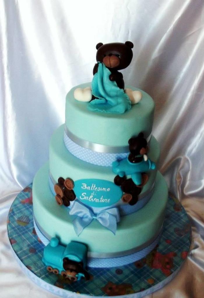 Christening cake with teddy bears