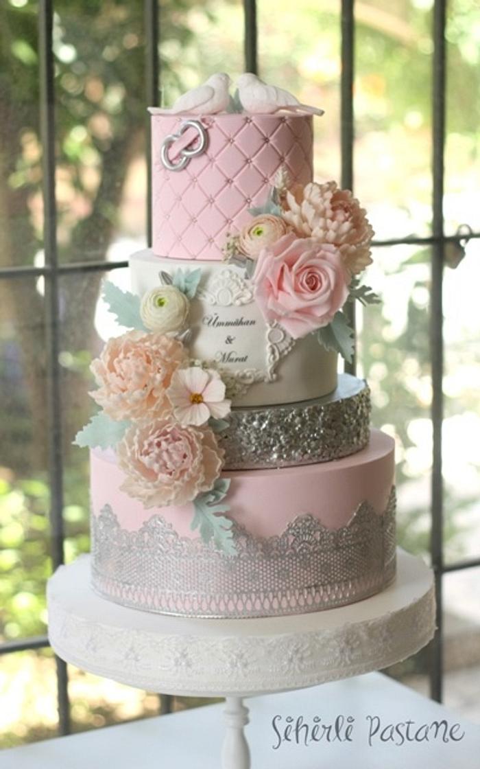 Silver and Pink Wedding Cake