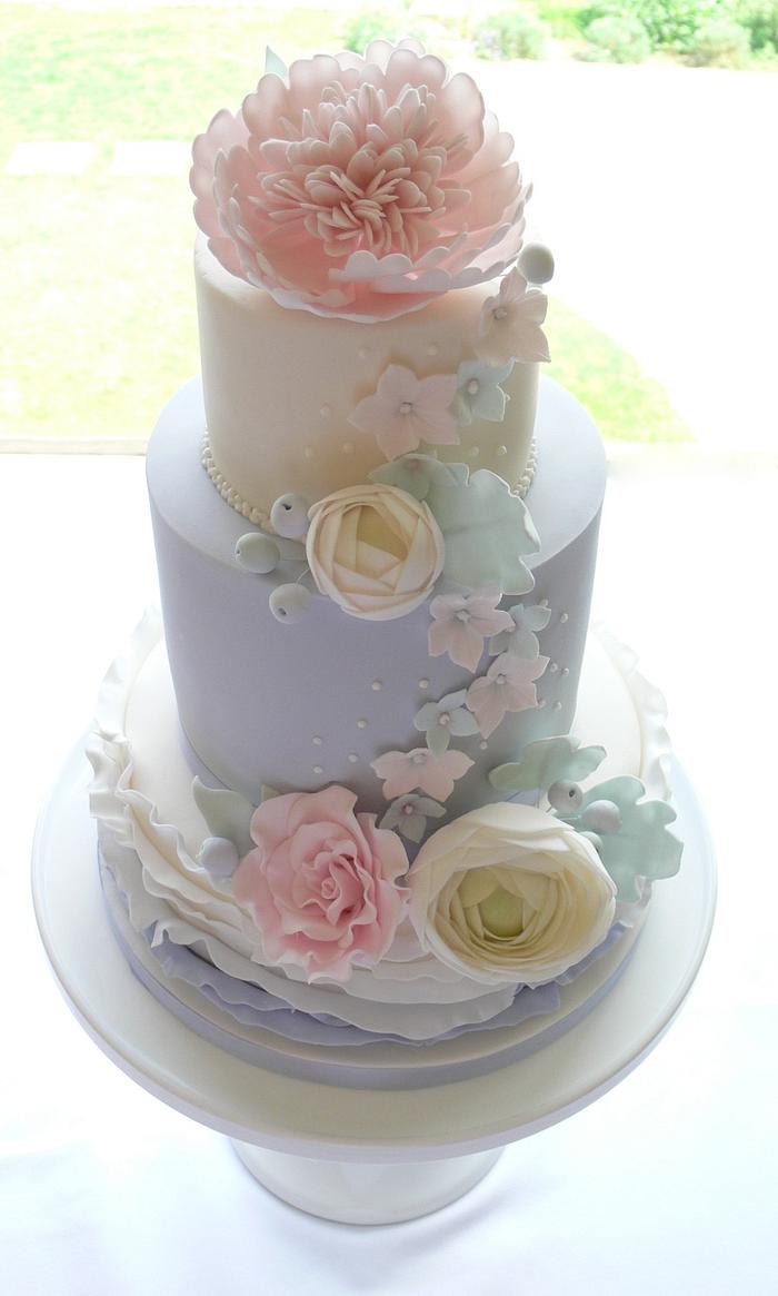 Pale blue and feature peony Wedding Cake.