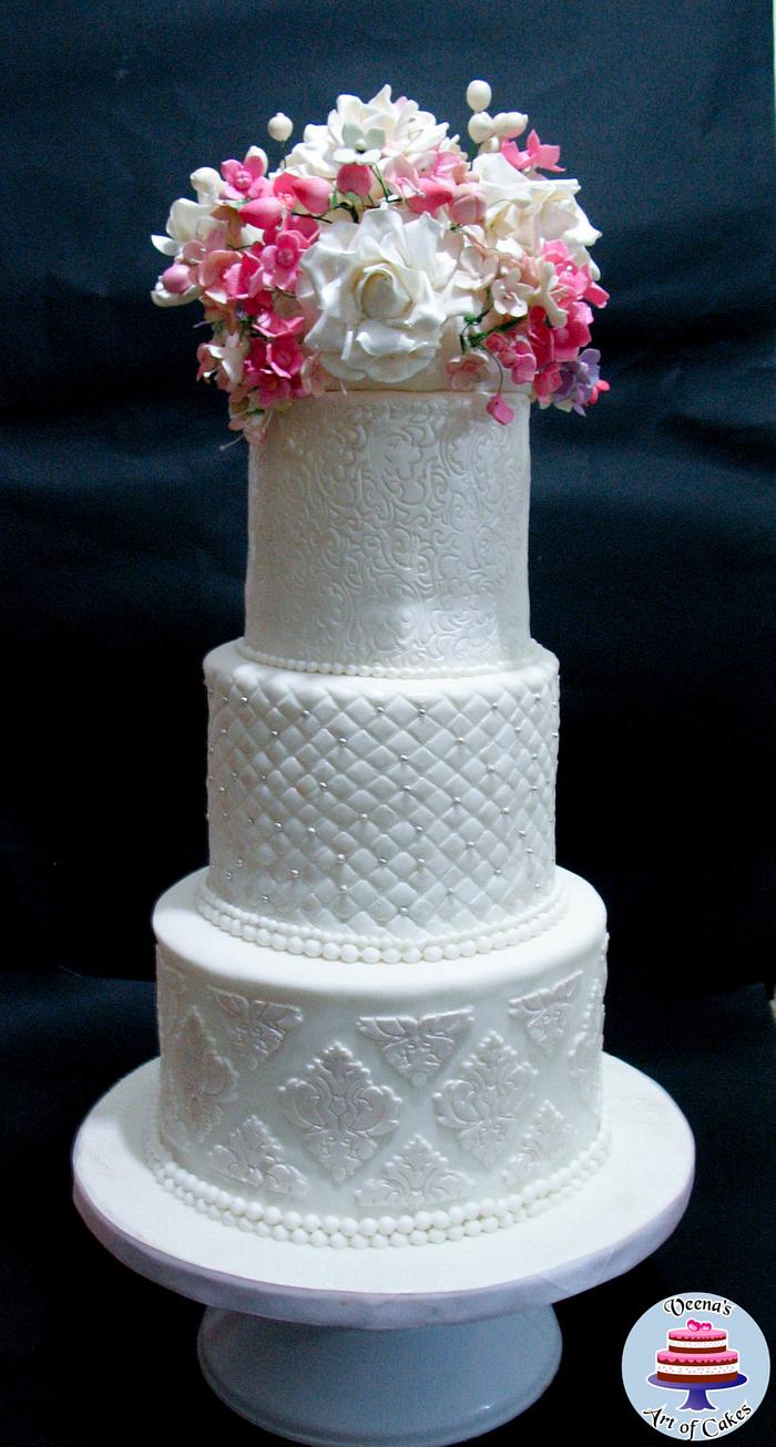 Damask White Floral Wedding Cake 