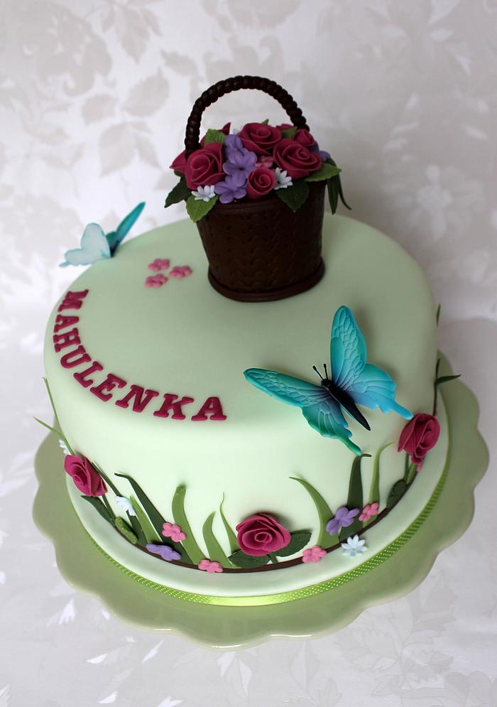 Romantic butterflies and flower basket