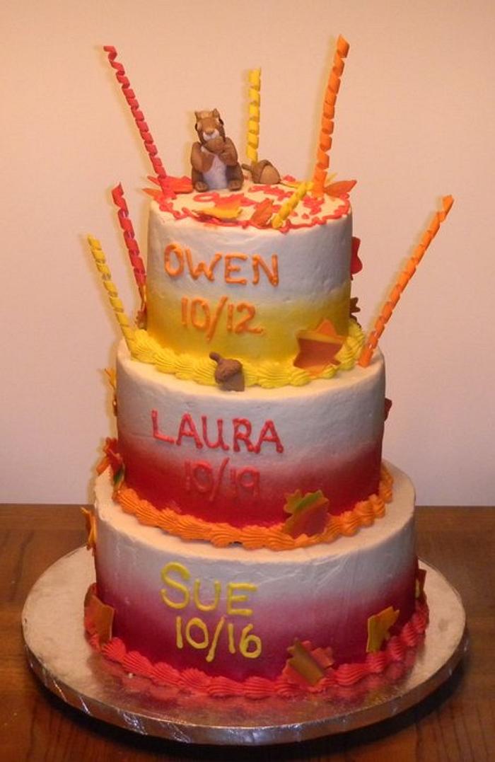Fall Leaves with Squirrel Triple Birthday Cake