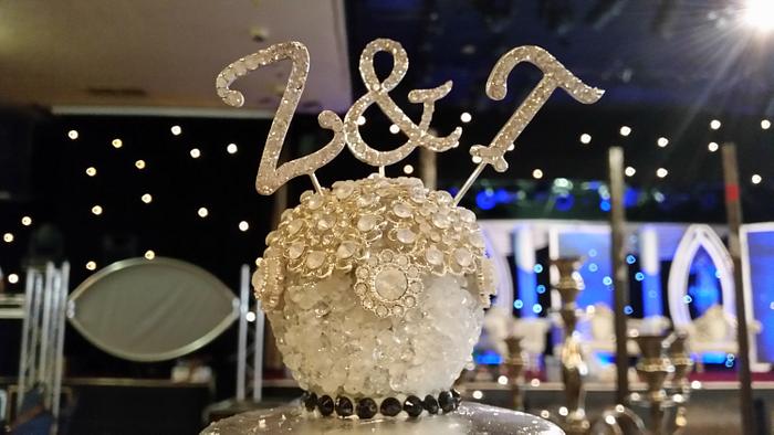My black, silvery,  white diamanté wedding cake