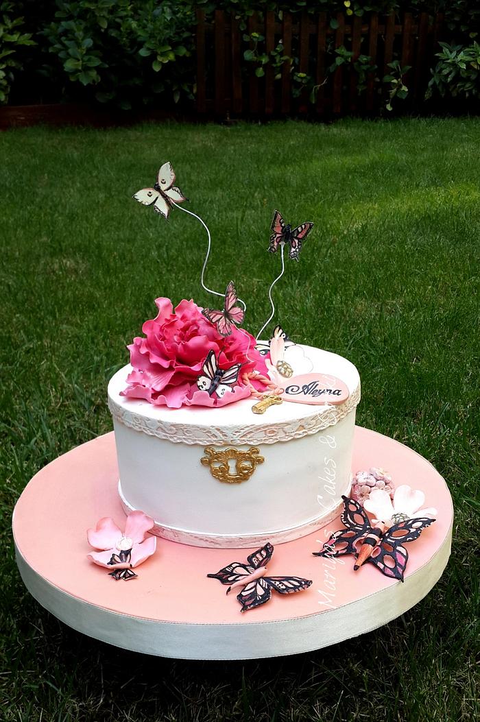 Cake with peony & butterflies  