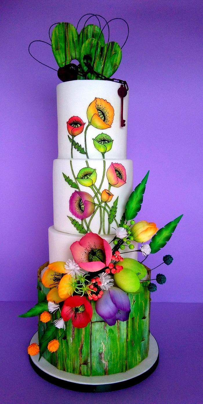 Poppies bunch wedding cake.