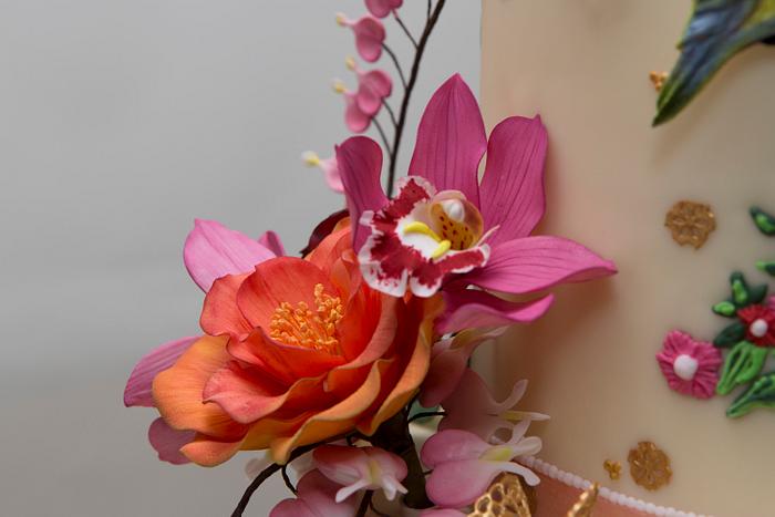 Cymbidium orchid and Open rose