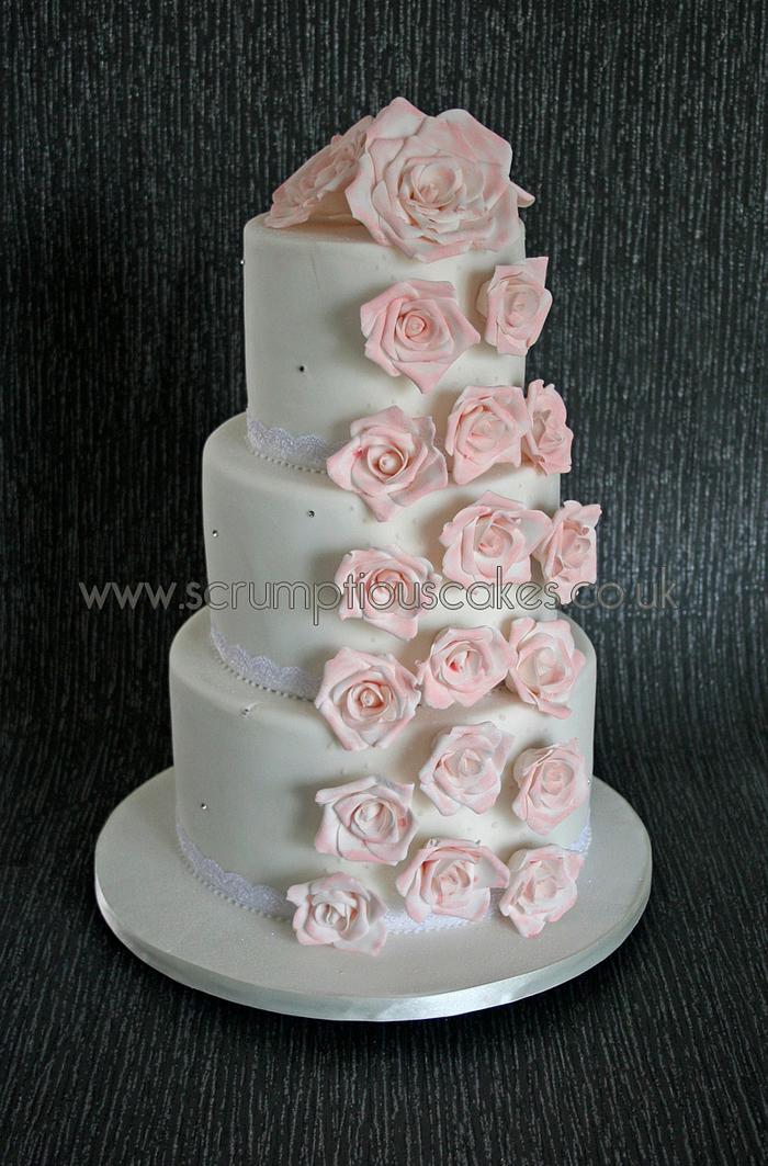 Pink Sugar Rose Cascade Wedding Cake