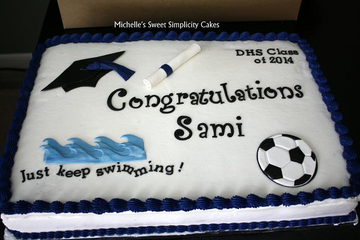 Swimming and Soccer Graduation Cake