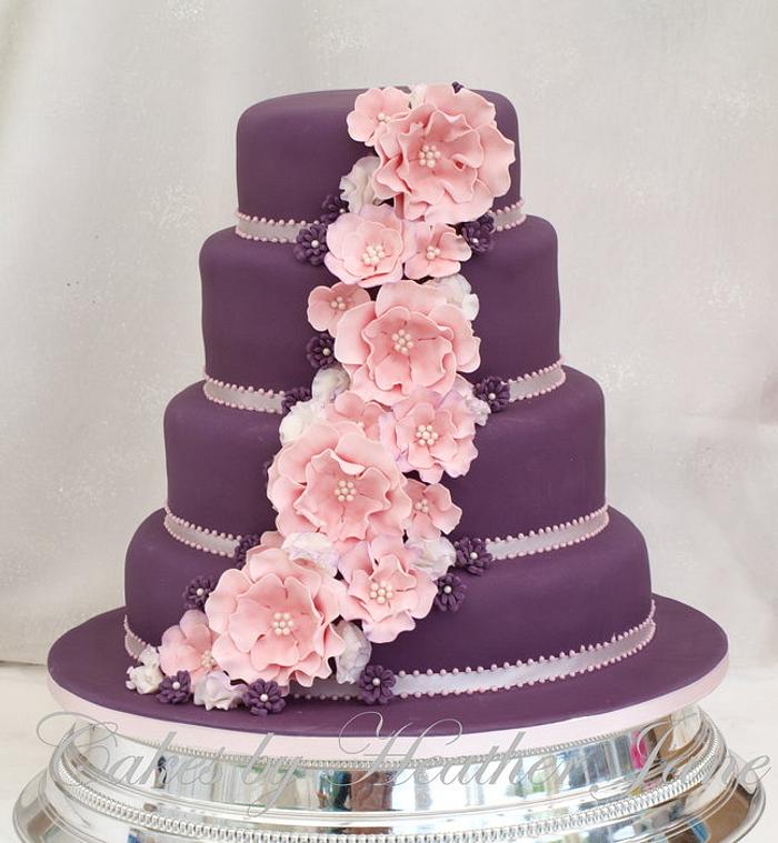 Purple & Pink ruffle Rose and Sweet pea Wedding cake